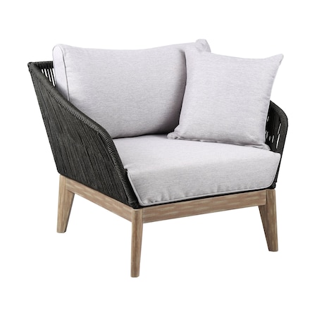 Armen Living Athos Indoor Outdoor Club Chair in Light Eucalyptus Wood with Charcoal Rope and Gray Cushions LCATCHWDLT